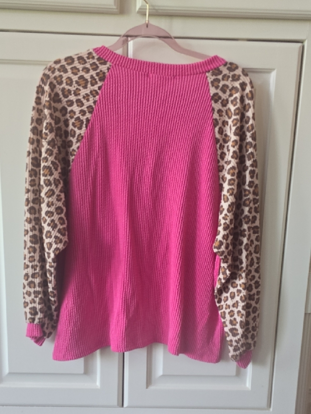 Lovely Melody Hot Pink Waffle Knit Sweater with Leopard Raglan Sleeves - Picture 3 of 3